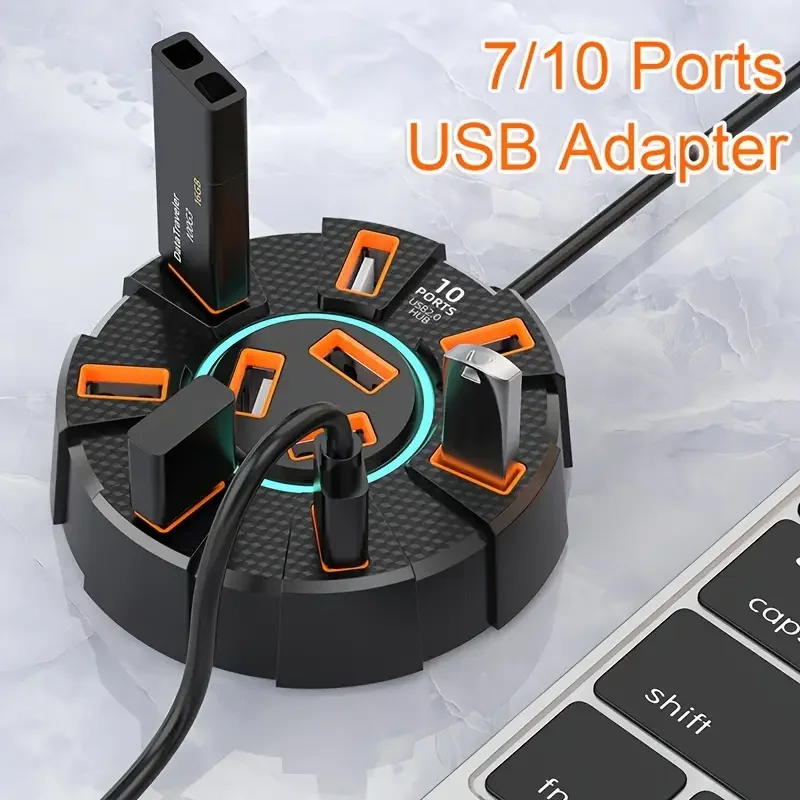 1.2m 7-Port/10-Port USB Hub with Colorful Light Type-C Port for Laptops, Keyboards, Mice, U Disk & Hard Drive Expansion USB Hub