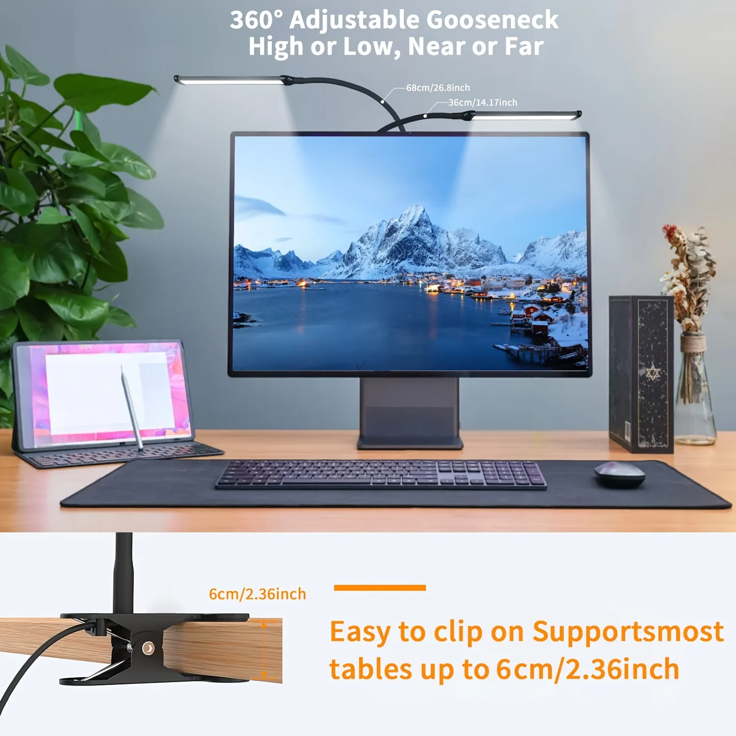 LED Clip Desk Lamp Read light, Flexible Gooseneck Eye-Caring Table Light, 10 Dimmable Brightness 3 Modes USB Reading Clamp Light