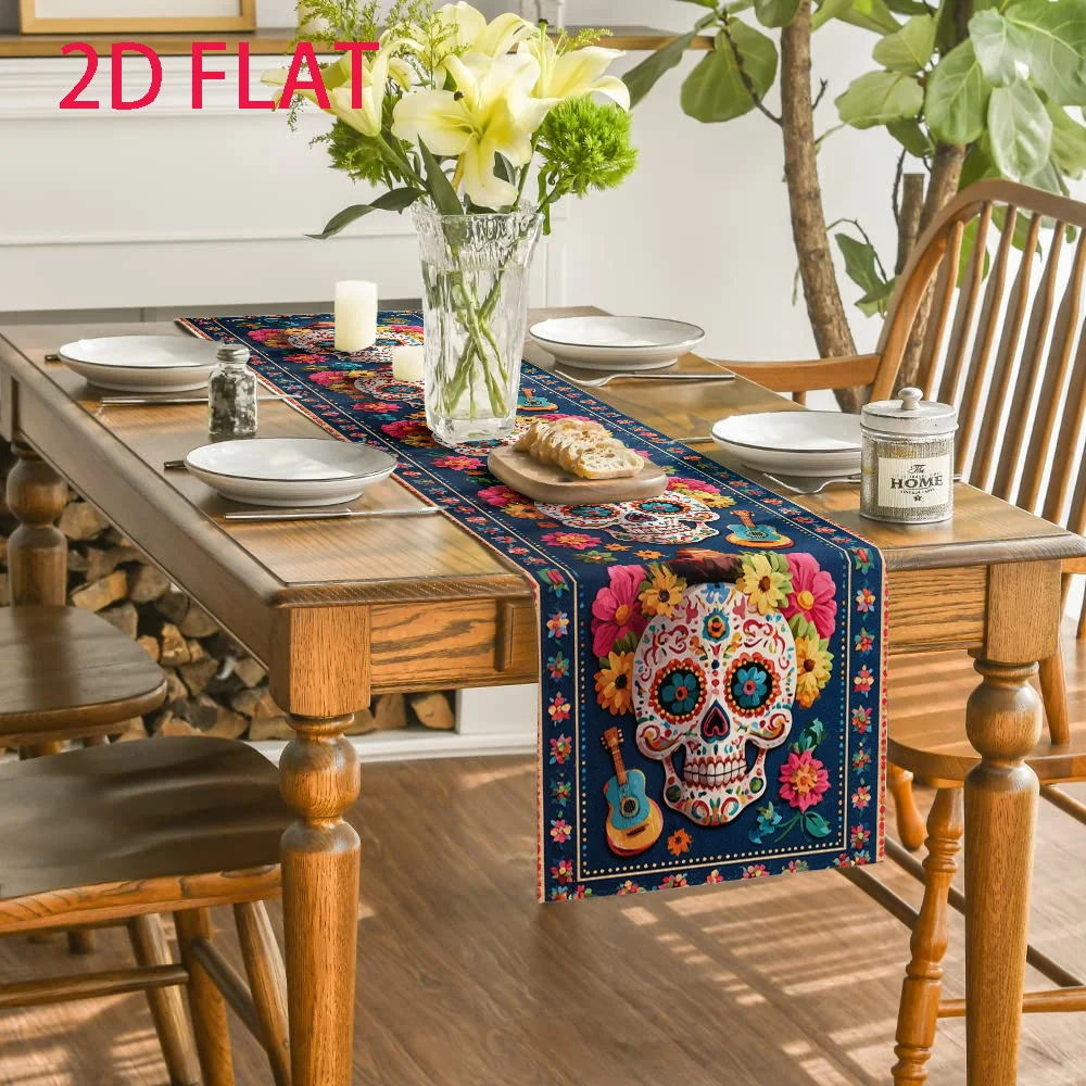 2D Flat Mexican Sugar Skull Multicolor Floral Pattern Table Runner for Dining Room Cafe Office Day of the Dead Cinco De Mayo Hou