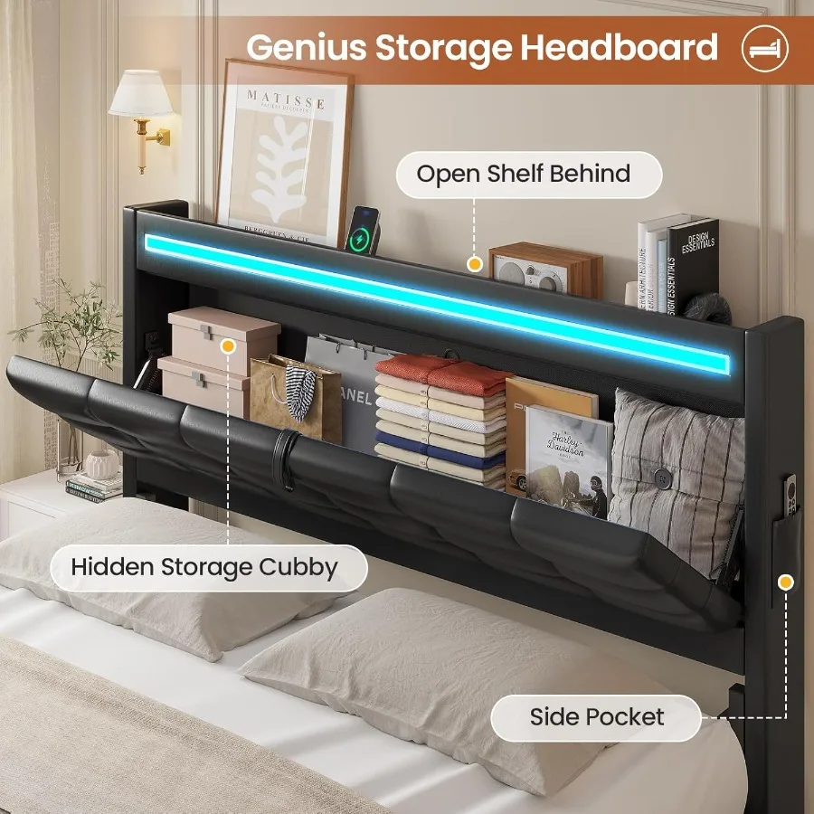 إطار سرير كوين مع لوح رأسي للتخزين و4 أدراج إطار سرير LED كوين مع محطة شحن سرير منجد من الجلد #3