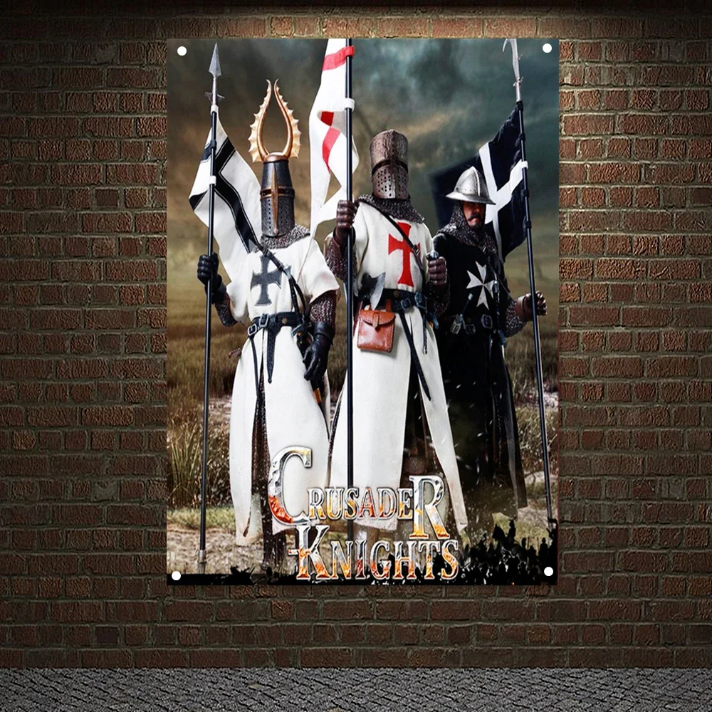 Ancient Military Art Banners Flags, Mounted Templar Charging Into Battle Poster Canvas Painting, Knights Templar Wall Hanging 8