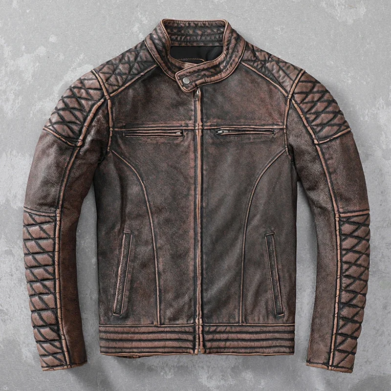 Shop Top.Heavy vintage brown genuine leather jacket.mens slim motor biker cowhide coat.quality plus size clothes.