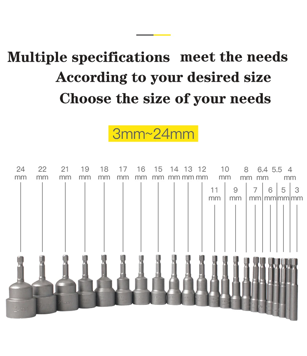 

3mm-24mm Impact Hexagon Socket 65mm Round Shank Nut driver Hexagonal Socket Wrench Electric Screwdriver Bit Adapter Socket Kit