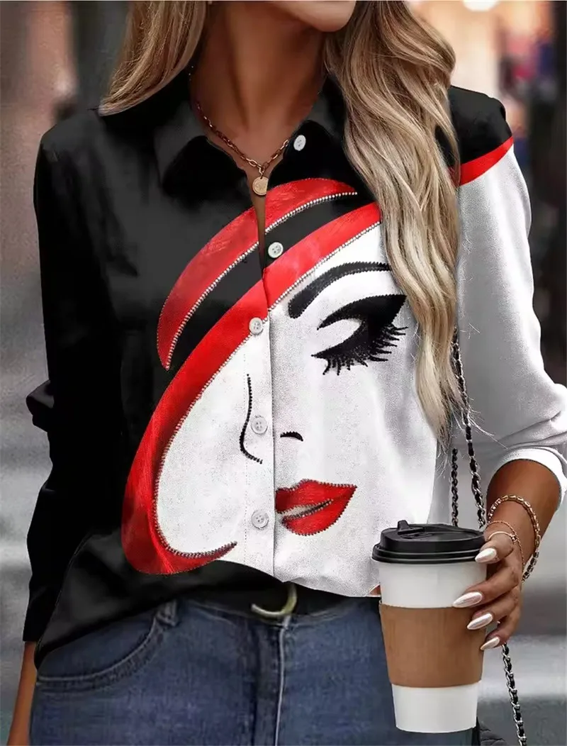 Fashion Abstract Face Pattern Women Shirts Long Sleeve 3D Printed Street Trend Ladies Blouse 3XL Plus Size Casual Shirt