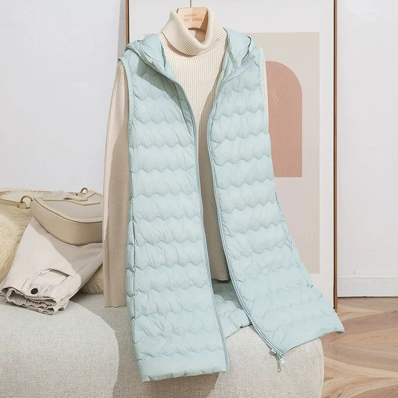 Schinteon Damen-Weste, ultraleicht, 90 % weiße Entendaunen, lange Weste mit Kapuze, lässig, Herbst und Winter, warm, hochwertige Weste, 2025, neu