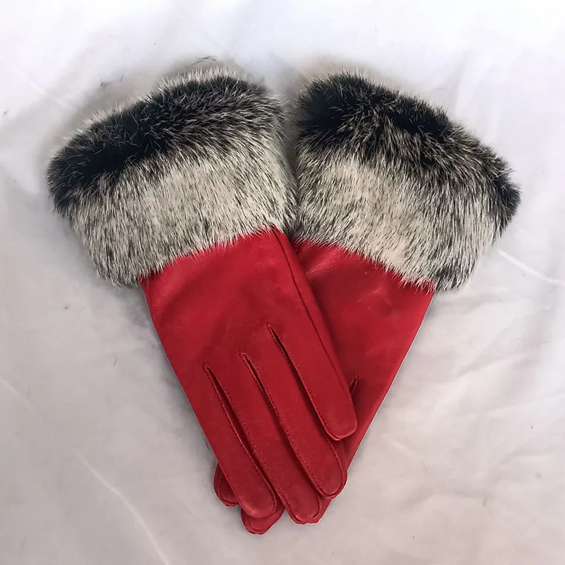 Luxury Winter Warm Genuine Leather Glove With Fluffy Natural Rabbit Fur Cuff Women Thick Multi Color Real Sheepskin Gloves