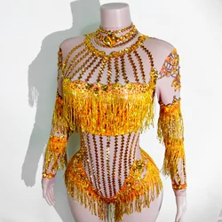 Custom rhinestones bodysuit tassels women Celebrate stage Team pole dance club party fashion leotard clothing