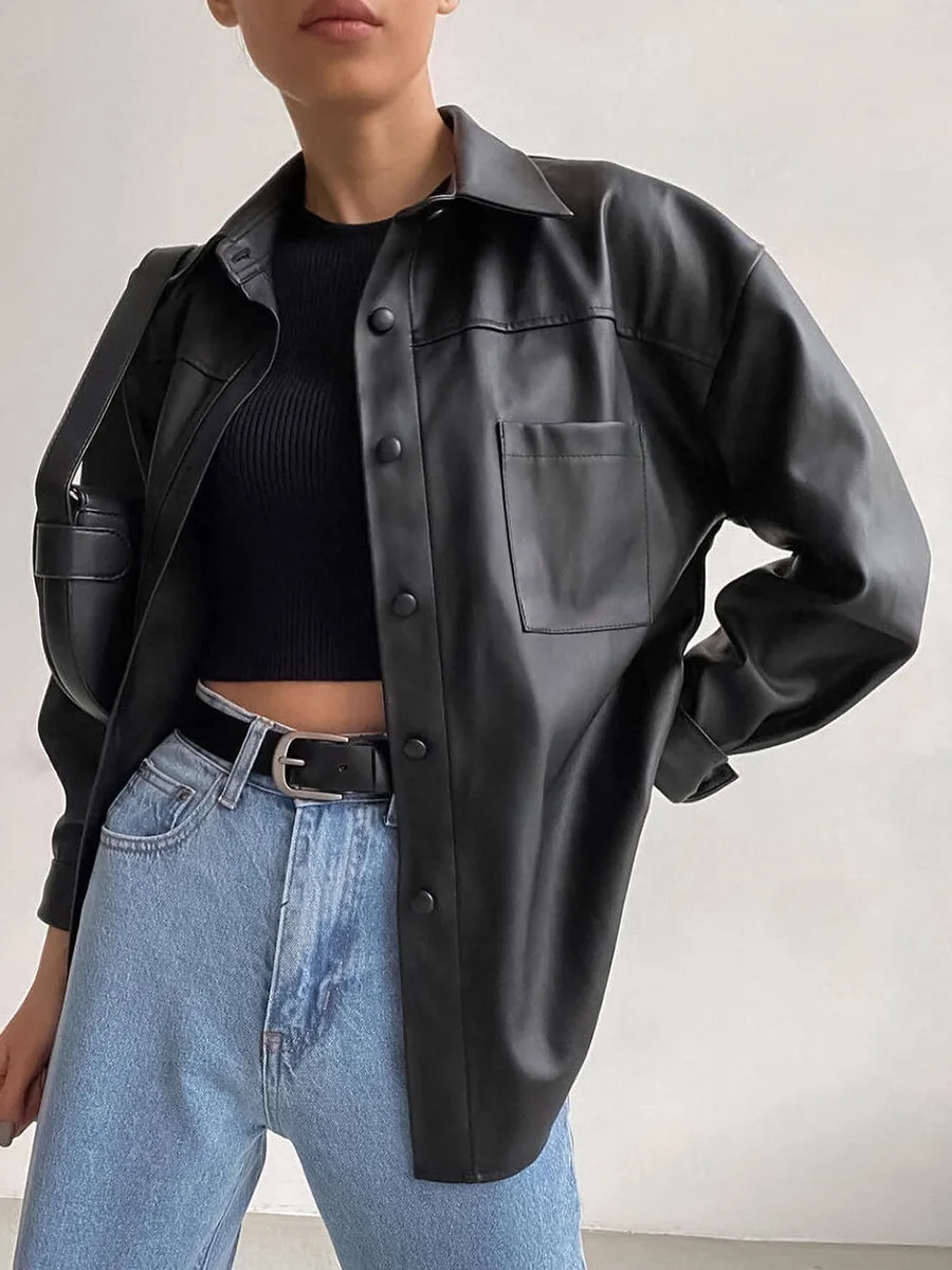 Casual simple black leather shirt women's 2024 fall fashion all-match lapel shirt sleeve leather jacket