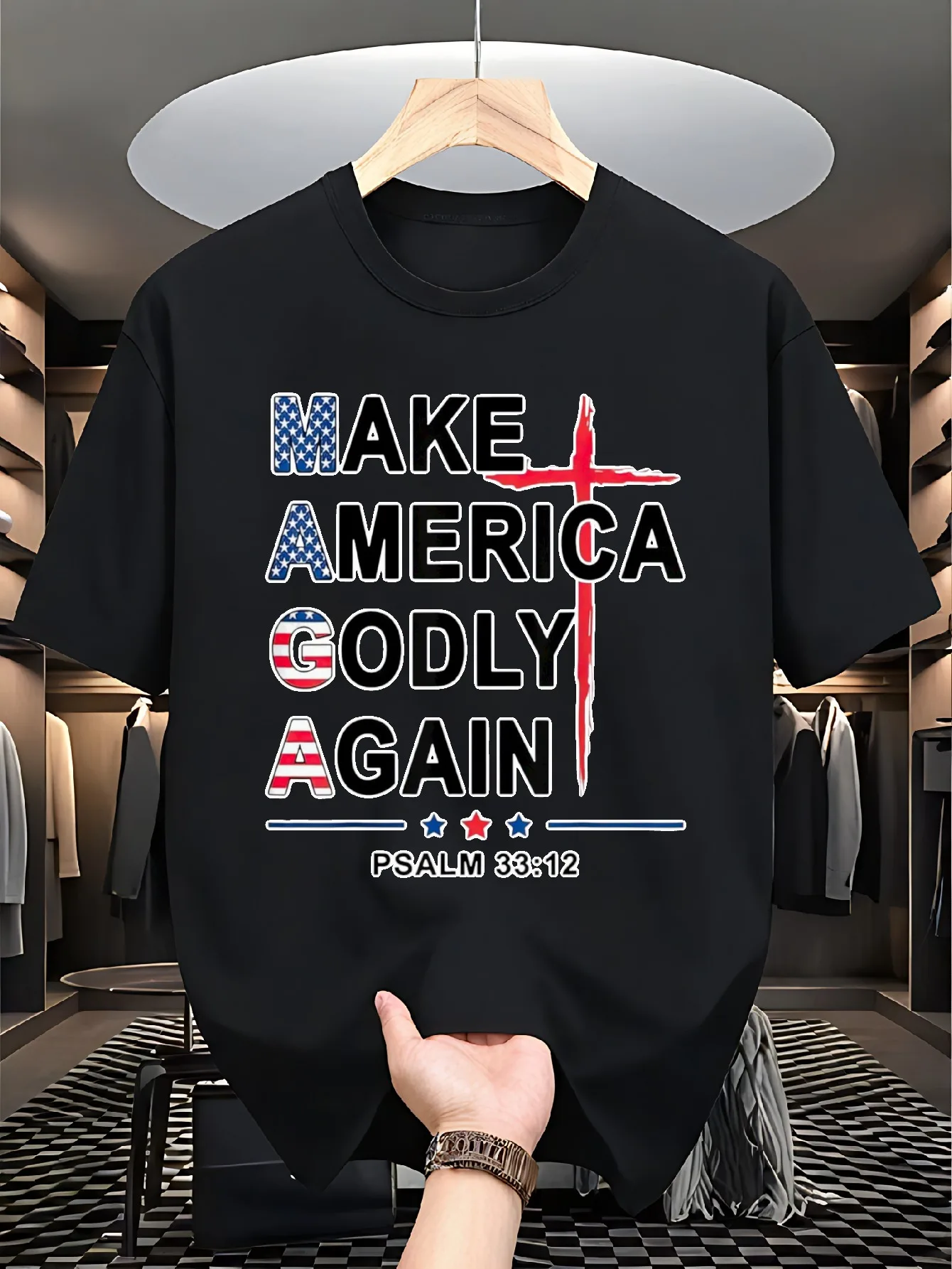 Make America Godly Again Biblical Verse Psalm 33:12 Cross T-Shirt 100% Cotton O-Neck Short Sleeve Summer Casual Mens T-shirt