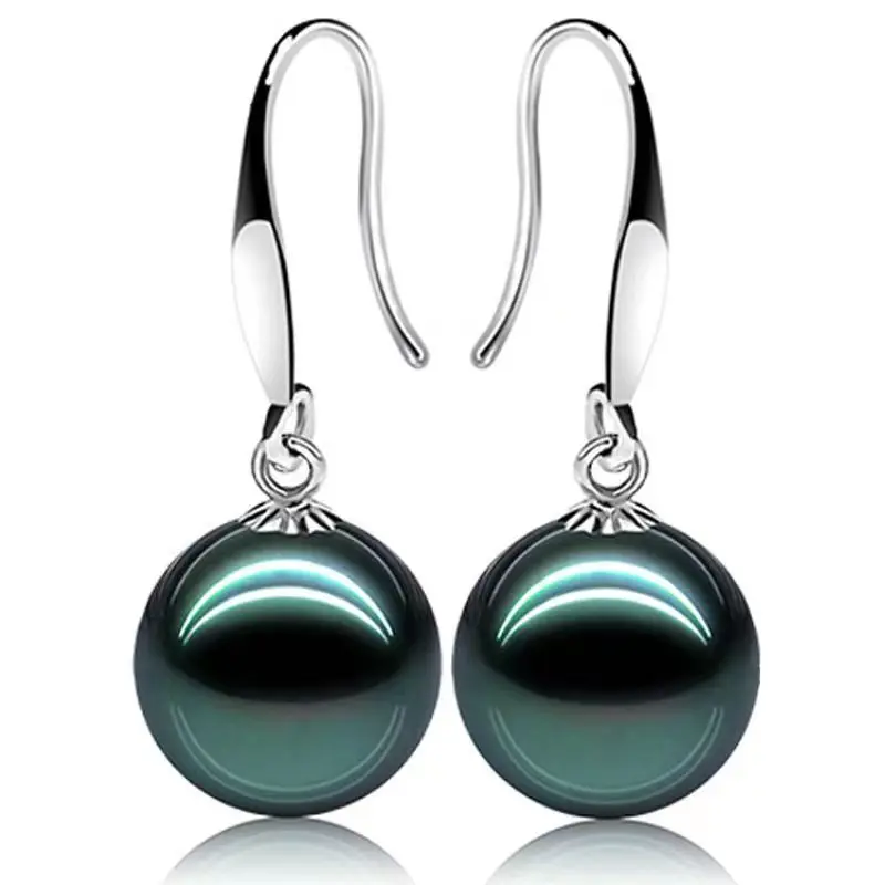 Pair 11-13mm Black Green Perfect Round Pearl Dangle Earrings Women Simple Wedding Party Jewelry Accessories Stud Hook 866AAA