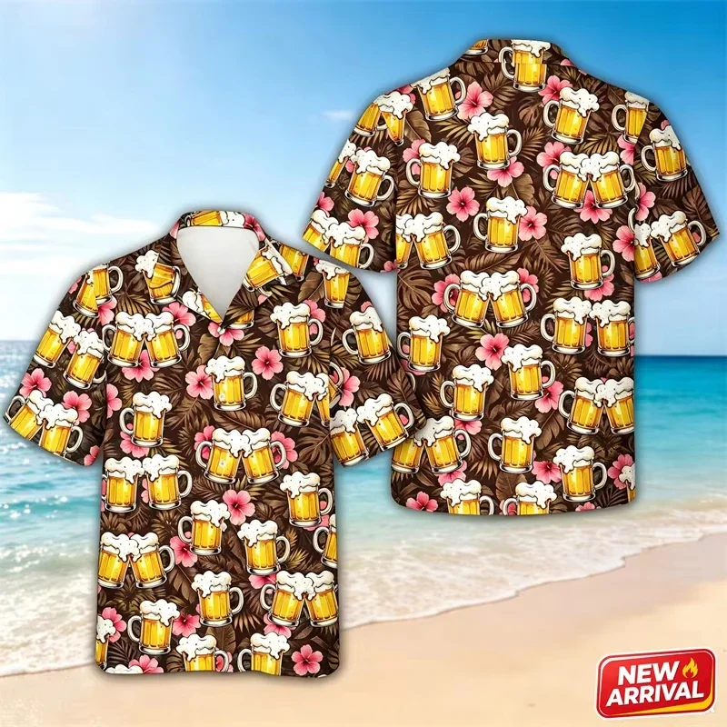 Funny Beer Pattern Hawaiian Shirt For Men Summer Street Lapel Short Sleeve Top 3d Printed Flower Graphic Trend Button Shirts