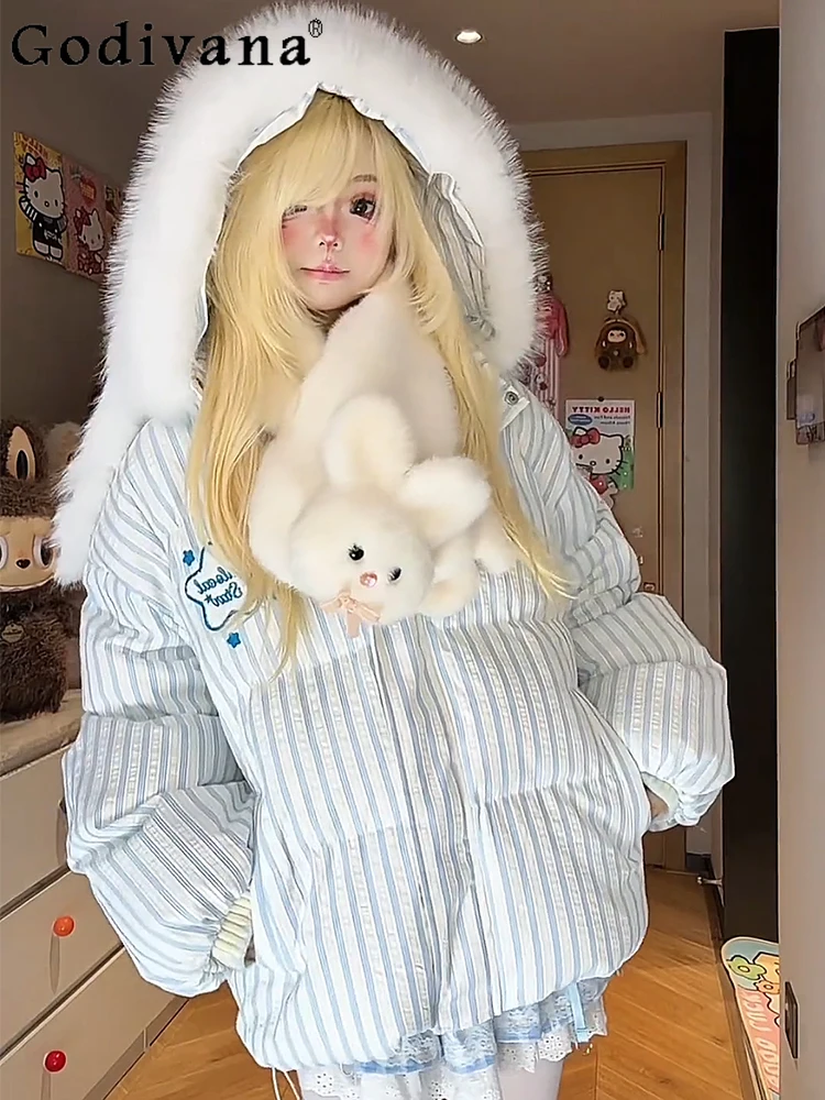 

Japanese Sweet 2D Y2K Down Parka 2025 Winter New Student Kawaii Plush Rabbit Ears Hooded Short Parka Coat Girls Women Jacket