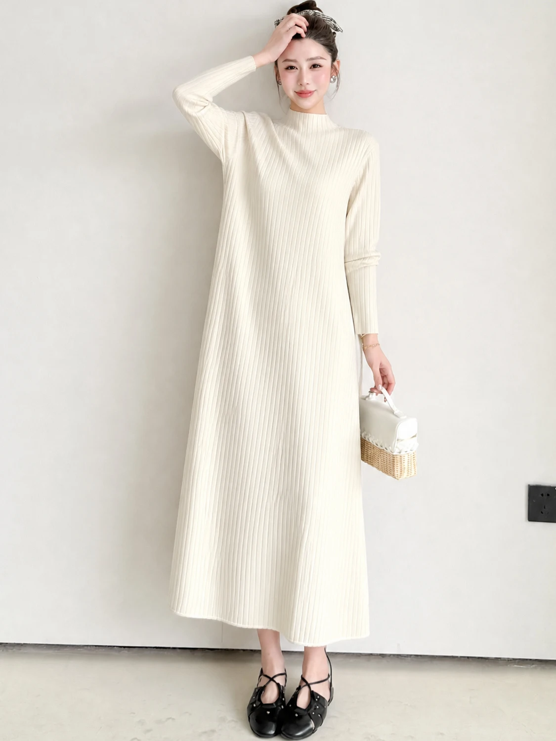 Women's Knitted Sweater Dress Half High Collar Long Sleeve Base Layer Dress Autumn Winter Casual Style Fitted H-Shape Dress