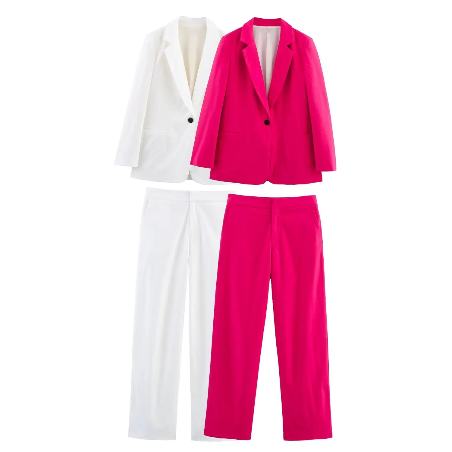 

ZBZA Women's Commuter Suit Trousers Set Loose Lapel Single Button Jacket High Waist Pocket Straight Pants Spring Summer Chic Set