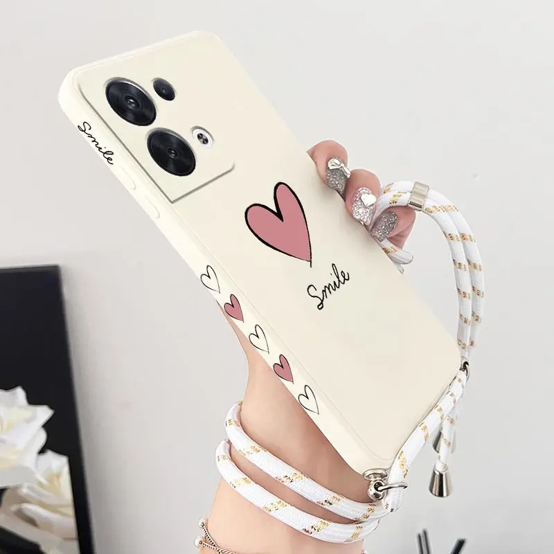 Reno 8 Big Red Heart Crossbody Lanyard Silicone Phone Case For OPPO Reno 8 8T 8 Pro 7 7Lite 7Z 6 6Z 6ProPlus 10 12 10Pro Cover