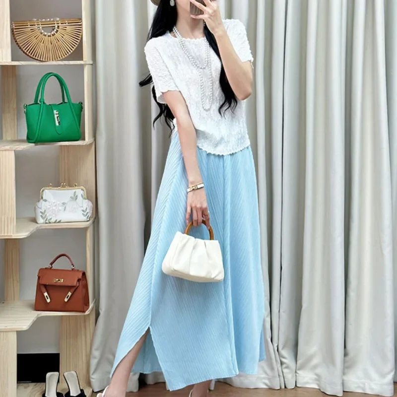 Miyake, Top de manga corta con cuello redondo para mujer + Falda corta informal, conjunto de dos piezas con diseño plegable, novedad de verano 2025, ola