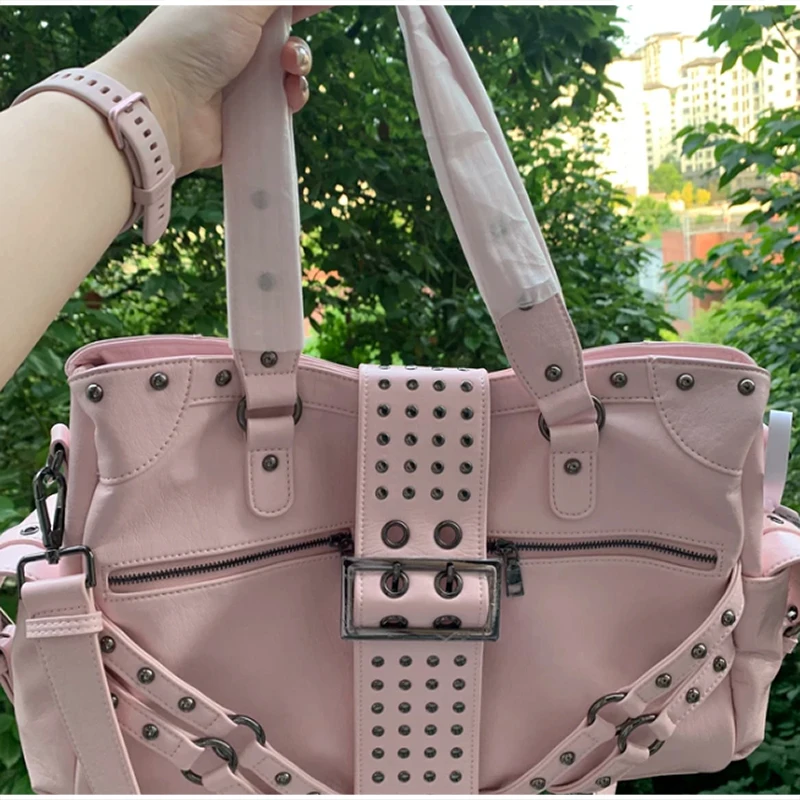 Y2k Nieten-Gürtelschnallen-Handtasche, Damen Motorrad Biker Punk-Stil Metall-Nieten-Schultertasche, Koreanische Y2k Mädchen Reißverschluss-Tragetasche – Detail 19