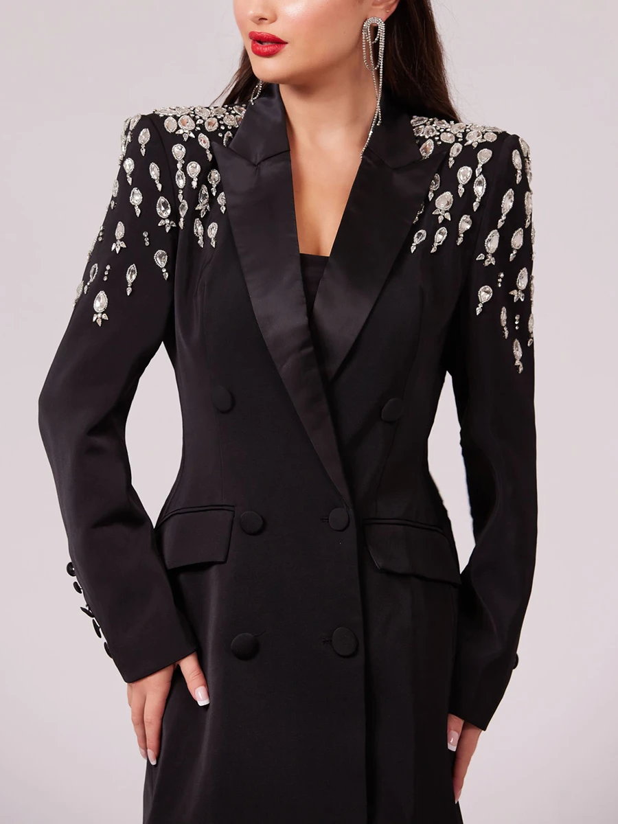 VGH Sexy Solid Spliced Diamonds Blazer For Women Notched Collar Long Sleeve Temperament Slimming Tunic Blazers Female Fashion