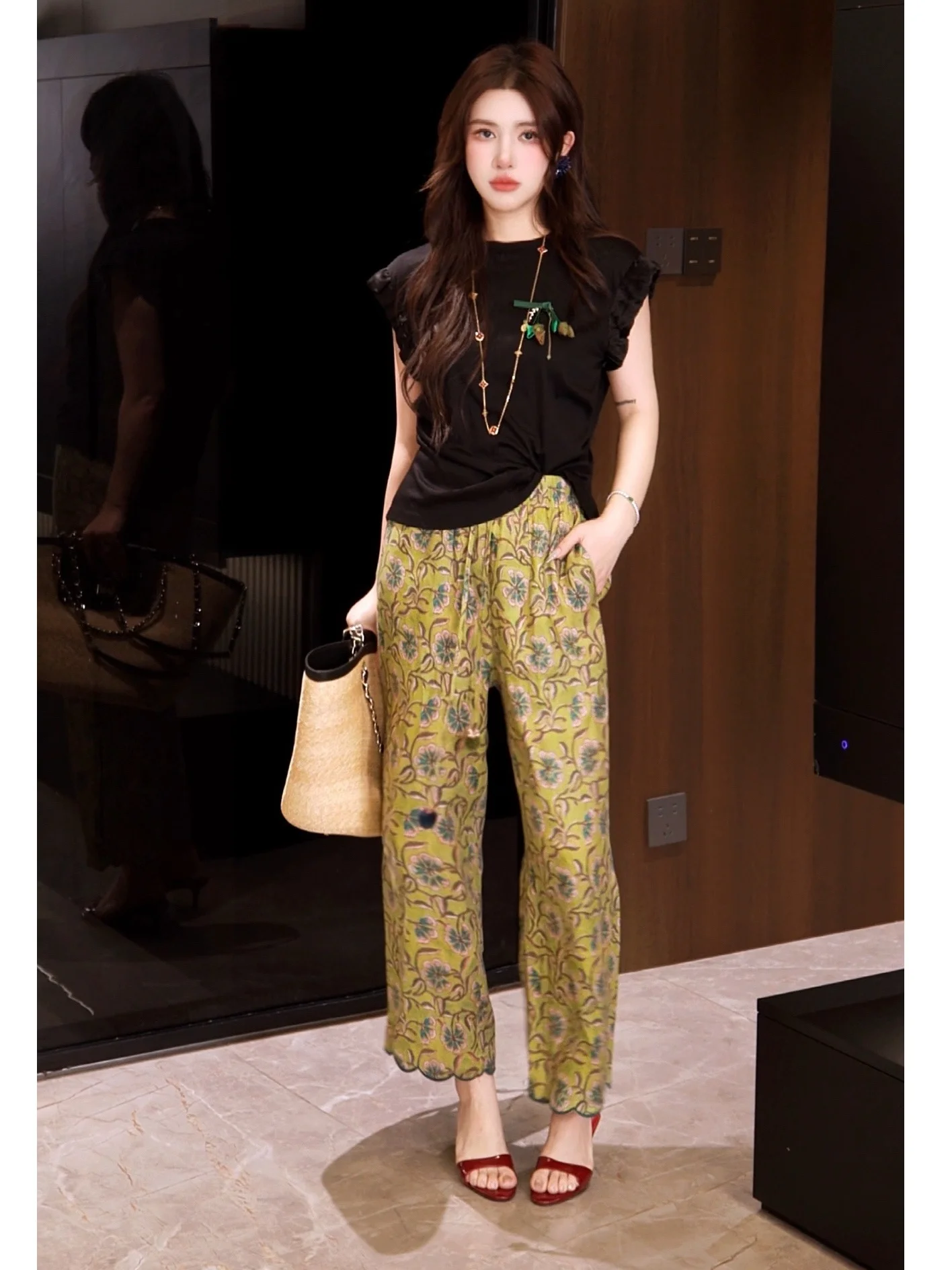 

G.yantong Vintage Loose Wide Leg Pants Women's Straight Cut Casual Trousers Elastic Waist Zipper Closure Linen Blend
