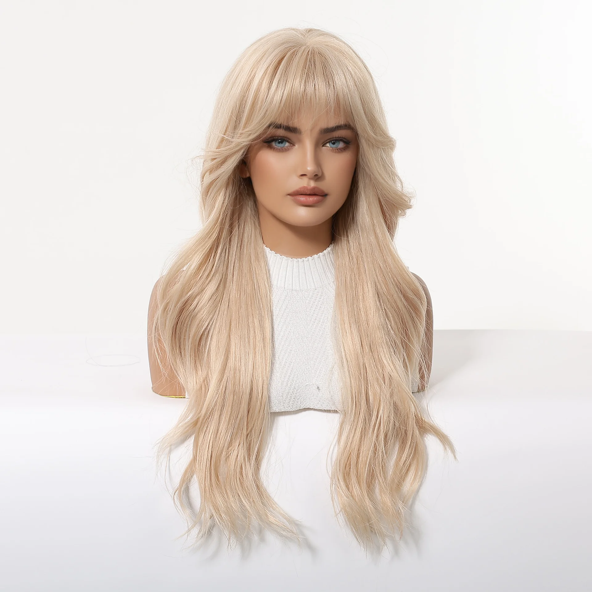 24 Inches Light Blonde Long Wavy Synthetic Wig with Bangs for Women Heat Resistant Lolita Cosplay Hair Wig for Daily Party Use