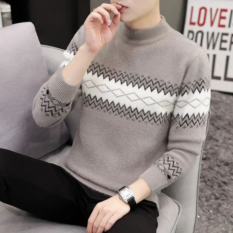 

Мужские зимние модные свитера, полосатые пуловеры, вязаные джемперы с длинными рукавами на плоской подошве, свободный крой, 2025 г., повседневные свитера, легкая эластичность