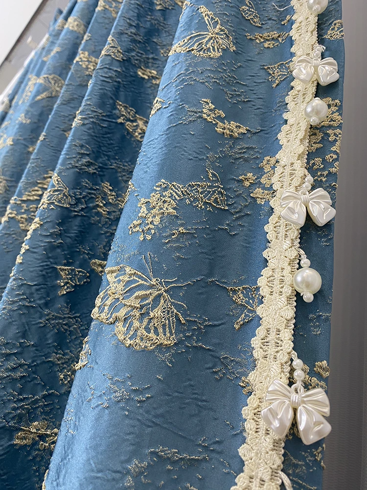 Blue Grey Butterfly Gold Silk Embossed Jacquard Curtains for Bedroom Living Room French Window Villa Customized Finished Product