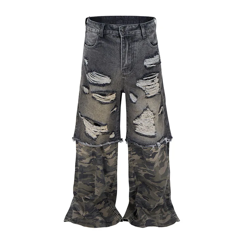 

Vintage Hi Street Ripped Casual Jeans Pants Streetwear Camouflage Patchwork Denim Trousers For Male