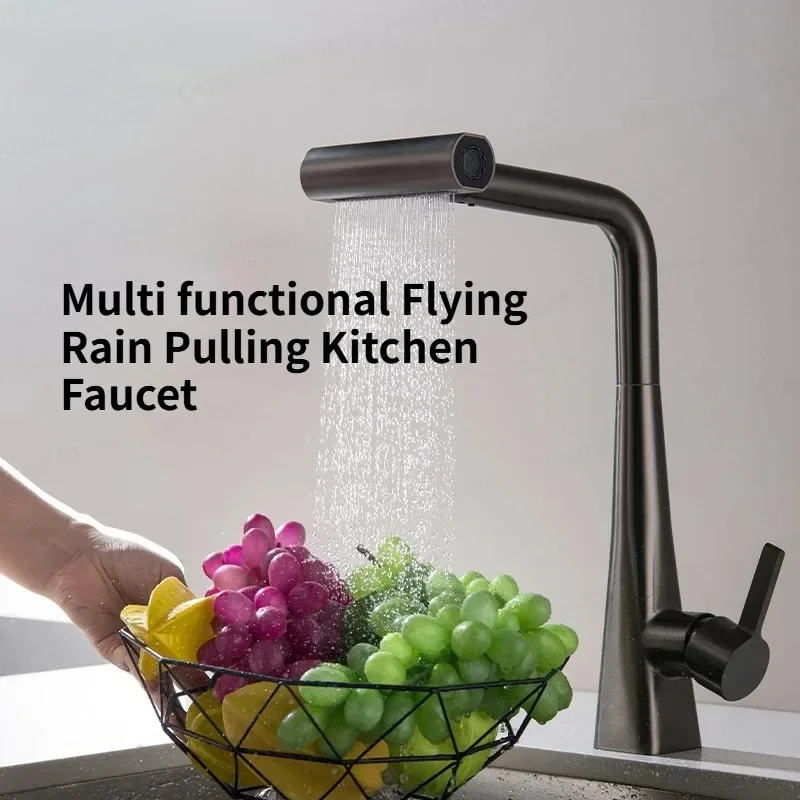 Gun Ash Stainless Steel Kitchen Faucet Multifunctional Waterfall Pull-out Splash Proof Modern Simple Hot And Cold Faucet