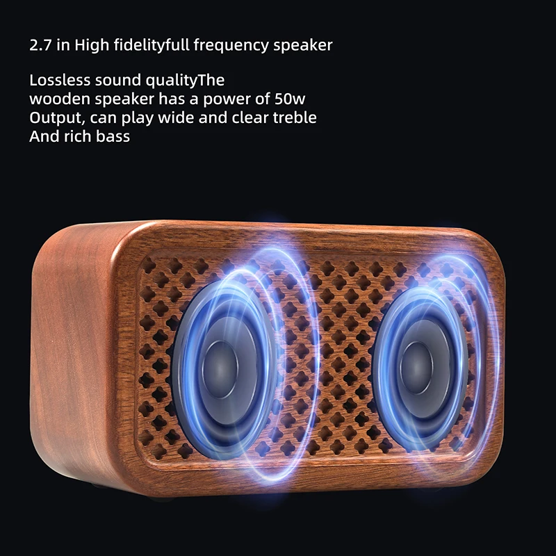 Natural Wooden Retro Speaker USB BT 5.3 AUX Hifi Stereo Portable Outdoor Indoor 50W 3000-5000mAh Full-Range Button 3-5 Hours