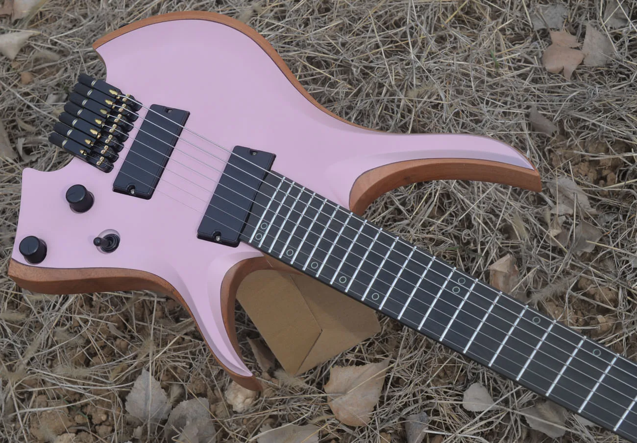 2024 Fanned frets 7 Strings Headless Electric Guitar Pink color 5-ply Roasted Maple Neck Ergonomic Ebony MAHOGANY