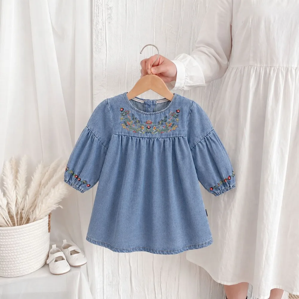 2026 Autumn New Korean Ethnic Embroidered Denim Dress, Pure Cotton Long Sleeve Casual Outfit For Little Medium Girls