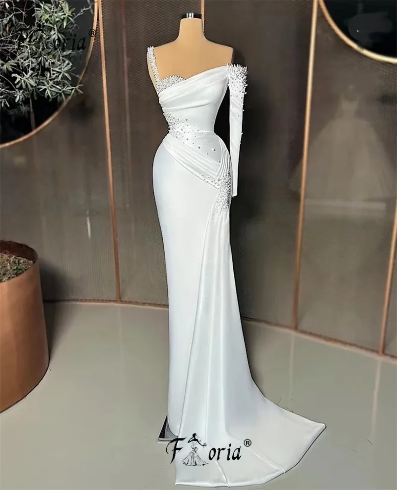 Formele Dubai Een Schouder Parels Avondjurk Elegant Ivoor Satijn Bruiloft Receptie Jurken Custom Made Plus Size Robe De Soiree