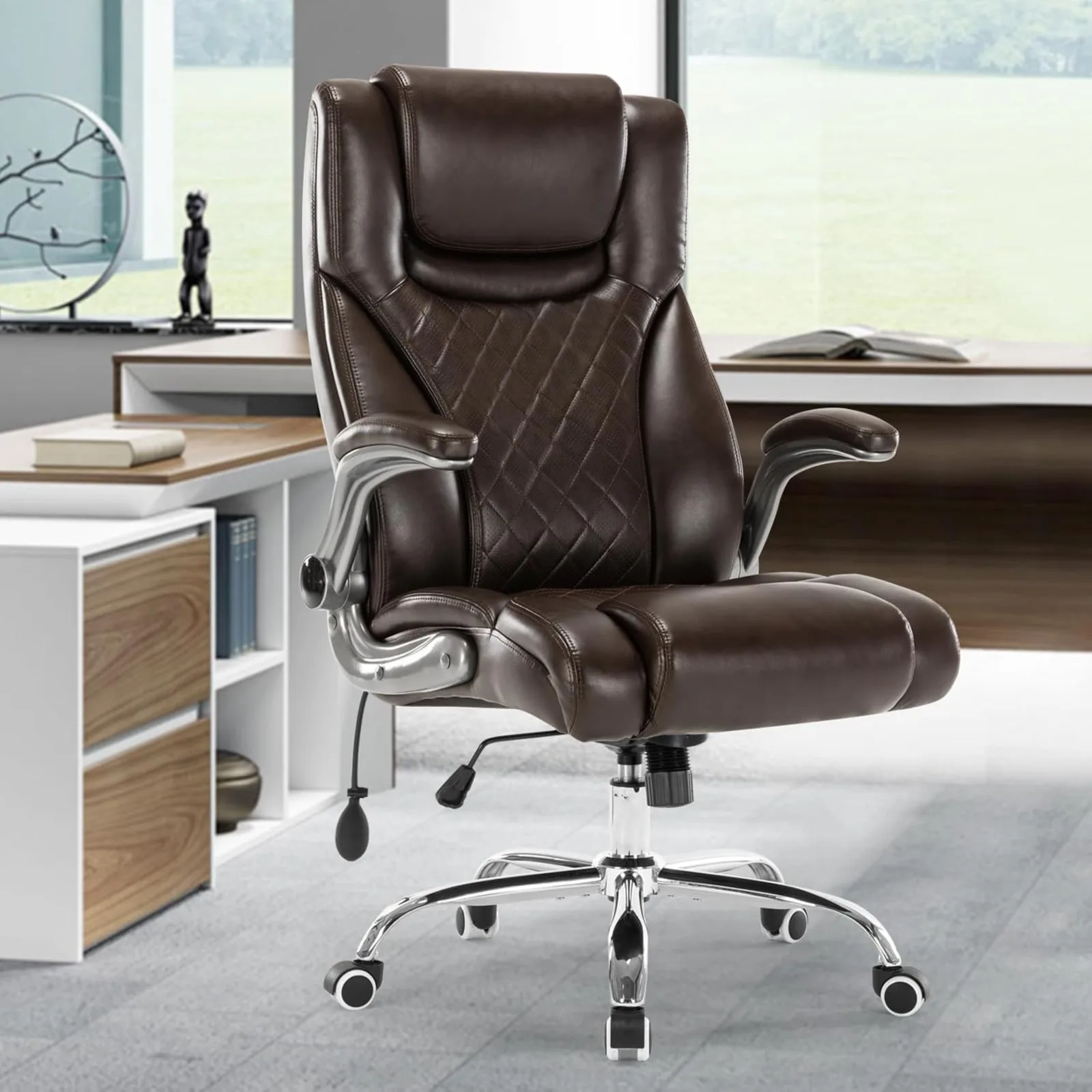 

US Executive Office Chair Desk Swivel Chair High Back Computer Chair - Adjustable Lumbar Support with Flip-Up Arms PU Leather