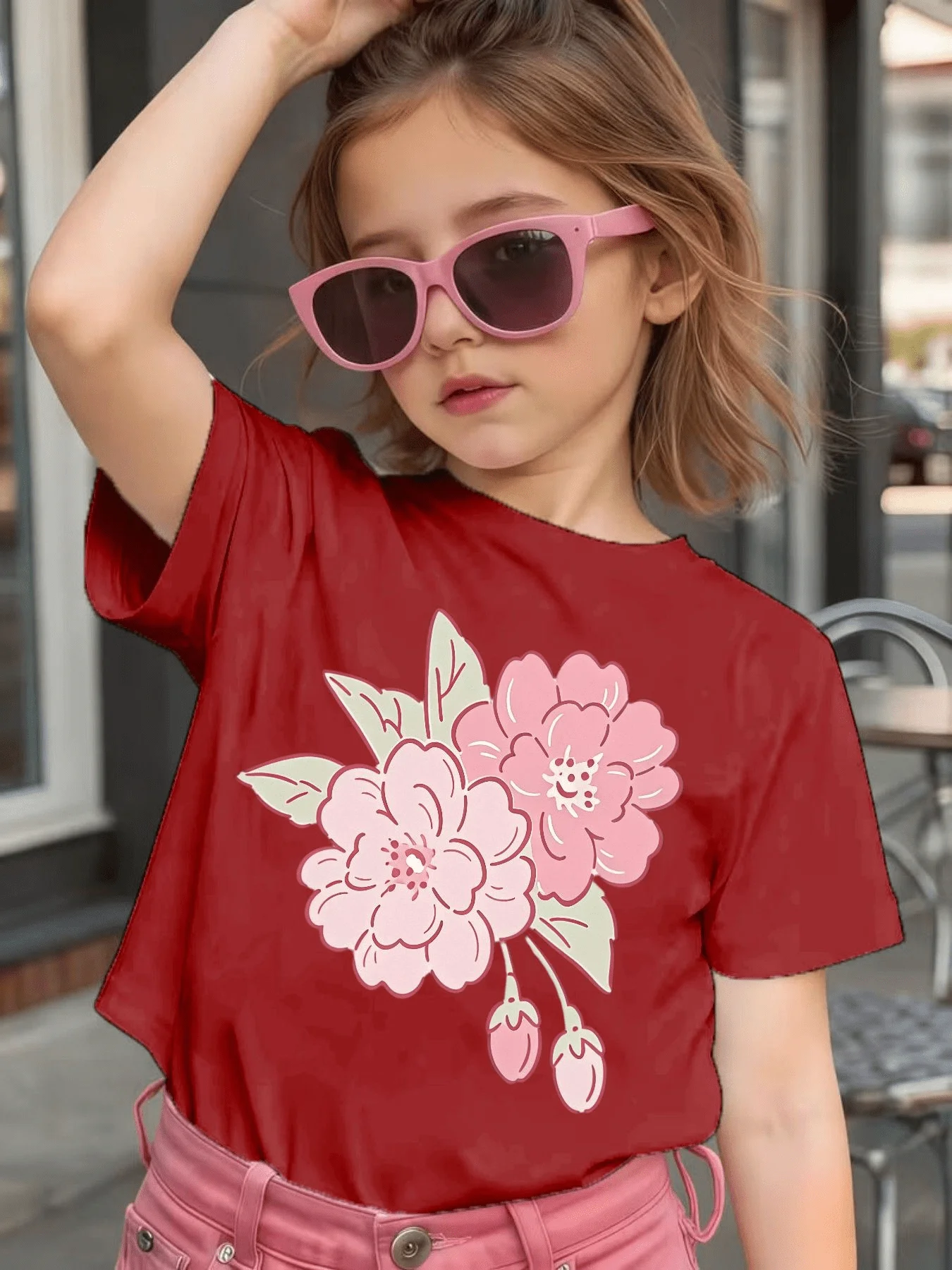 Cute Beautiful Pink Peony Flower Leaf Graphic Kids Tee Boys Girls Family Matching Cotton Crew Neck Short Sleeve Soft Summer Tee