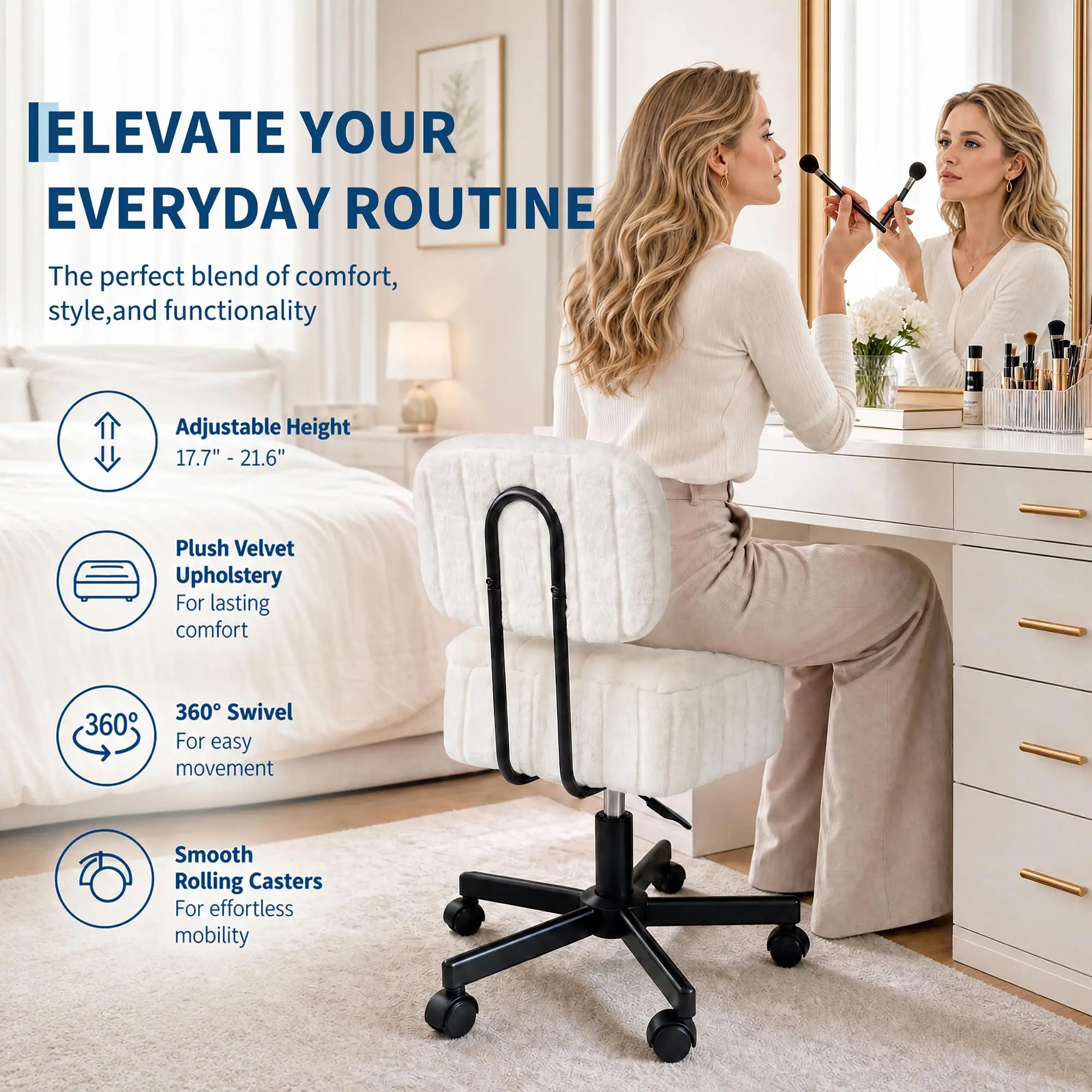 Vanity Chair with Storage, Faux Rabbit Fur Makeup Stool With Wheels, Adjustable Swivel Rolling Dressing Chair For Bedroom Desk Dorm Room view 7