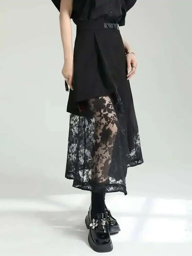 High Elastic Waist Black Spliced Mesh Irregular Casual Half-body Skirt Women Fashion Tide New Spring Autumn