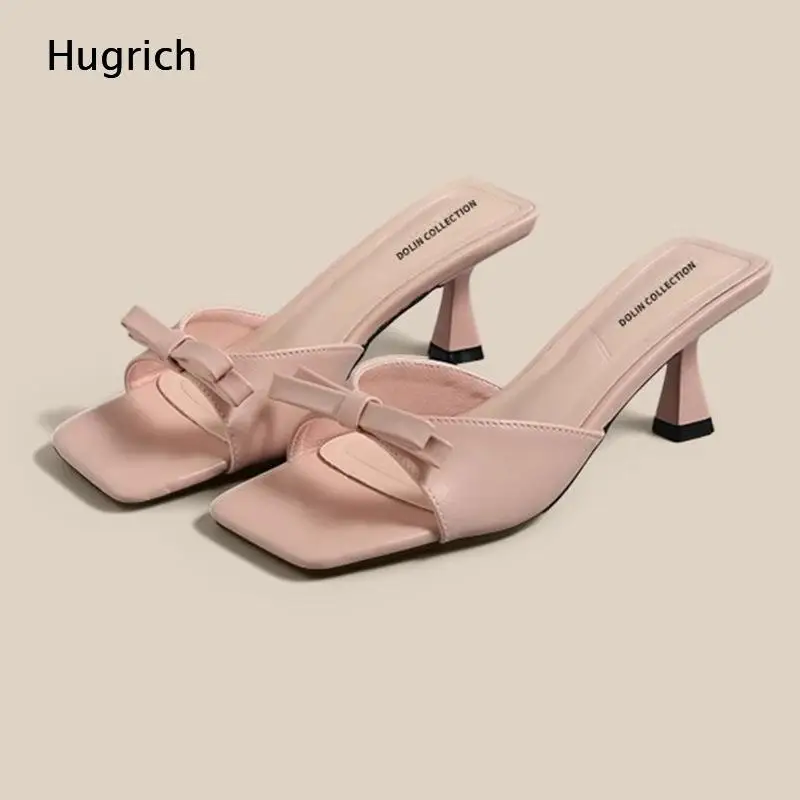 Bow Decor Square Open Toe Mule Sandals Slip On Backless Stiletto High Heel Slide Slippers Women Elegant Heeled Mules