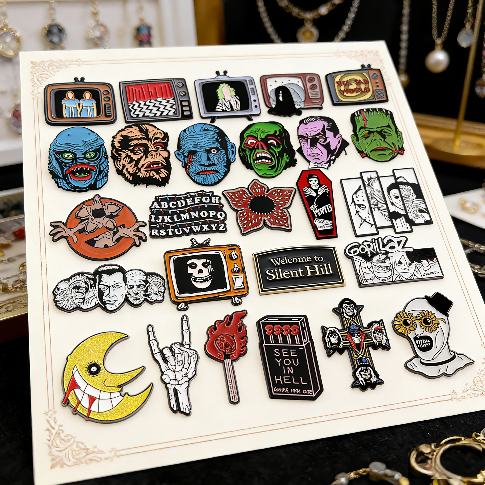 

Sci-fi Horror Movies Collection Enamel Pin Red Cannibal Flowers Monster Head Skull Cross Brooch Bag Lapel BadgePunk Jewelry Gift