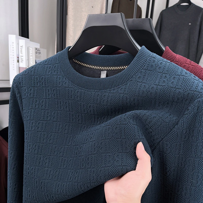 Winter Herren Casual Strickpullover Langarm mit Allover-Prägemuster Fleece-Innenfutter Rundhals Bürokleidung – Detail 10