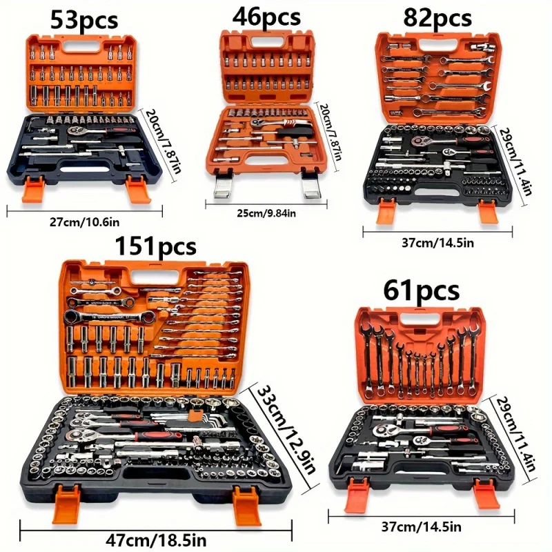 Professional Quality Car Repair Kit - 46/53/61/82/151Pieces，High Quality Orange Car Repair Machine Fast Ratchet Wrench and Repai