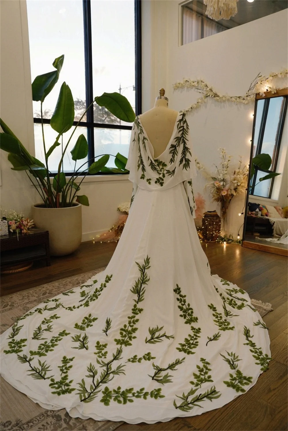 Cathy White Chiffon Wedding Dress Green Lace Appliques فساتين سهرة Elegant Floor-length Long Train vestidos de fiesta 2024