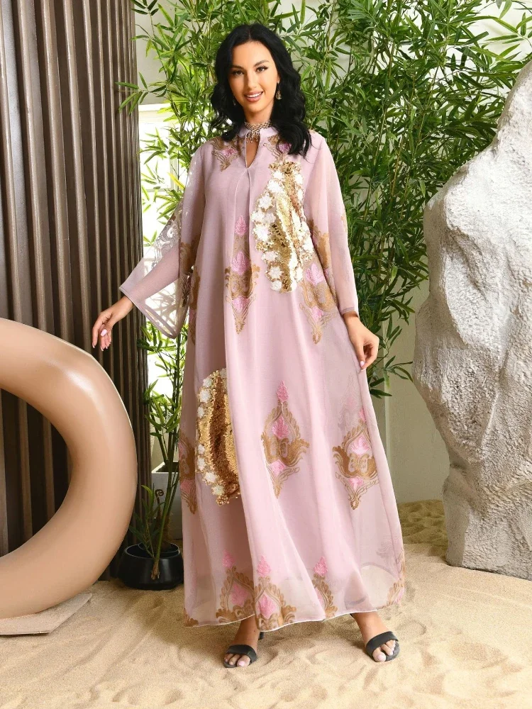 Eid Maxi Party Dress Muslim Women Abaya India Stand Collar Abayas Enbroidery Sequins Party Dresses Kaftan Longue Vestidos Largos