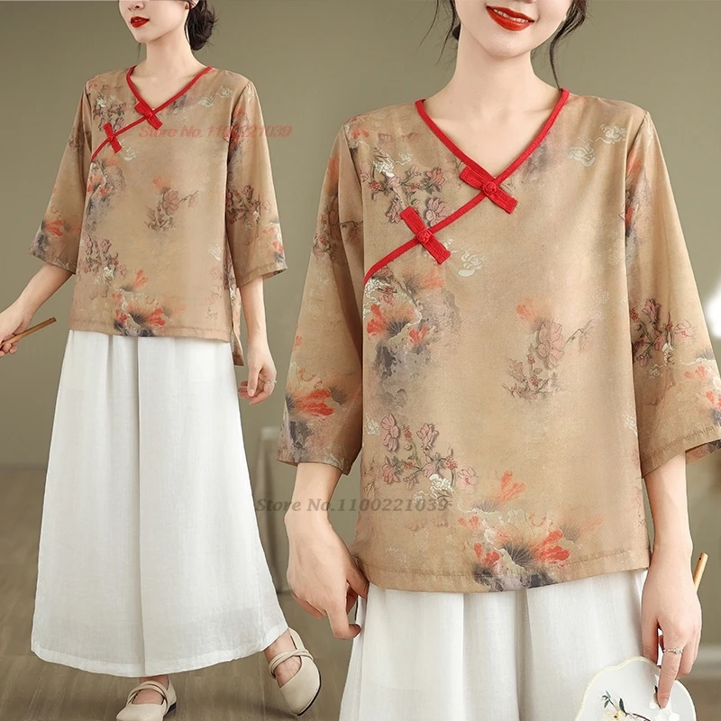 

2024 chinese improved blouse national flower print v-neck folk blouse traditional chinese retro hanfu tops ethnic streetwear