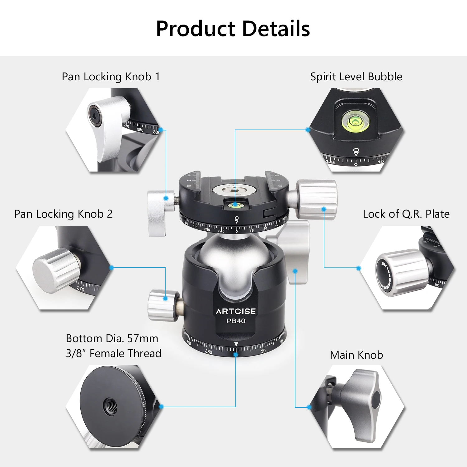 ARTCISE PB35/PB40 adaptor dudukan Tripod Ballhead 35/40mm adaptor kepala bola besar dengan pelat rilis cepat 1/4 inci sekrup isi 20kg