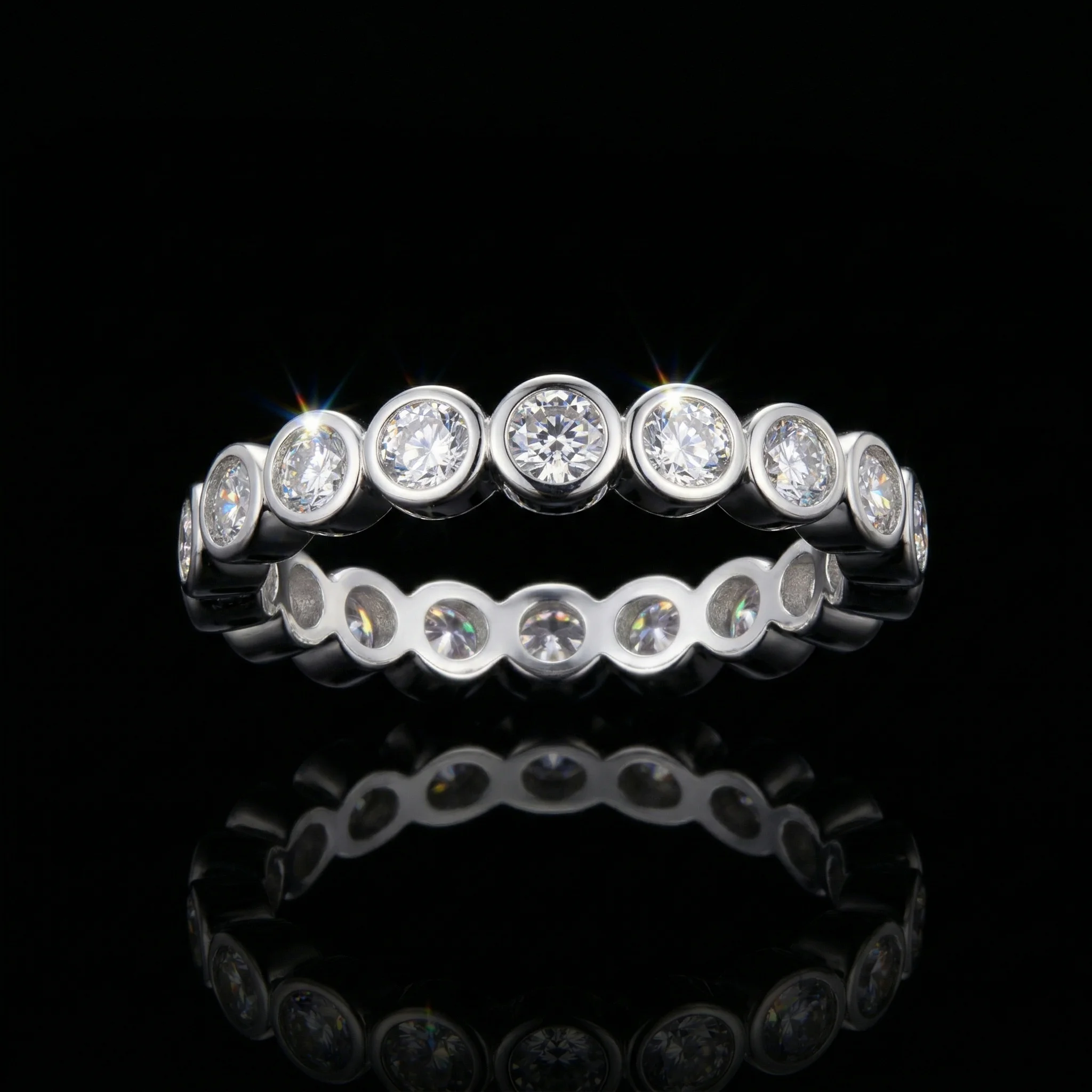 

Moissanite Ring, 925 Sterling Silver, D Color VVS1, Bezel Set Full Eternity, Unisex Stackable, Couple Ring, With Certificate
