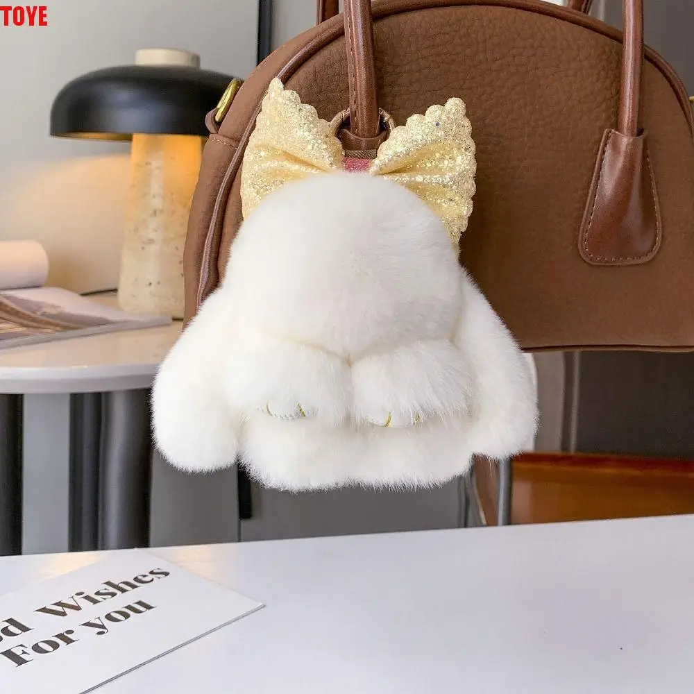 Fashion Bunny Key Ring Cute Plush Bow Rabbit Fur Keychain Sweet Alloy Ring Fluffy Bunny Pendant Jewelry Gifts