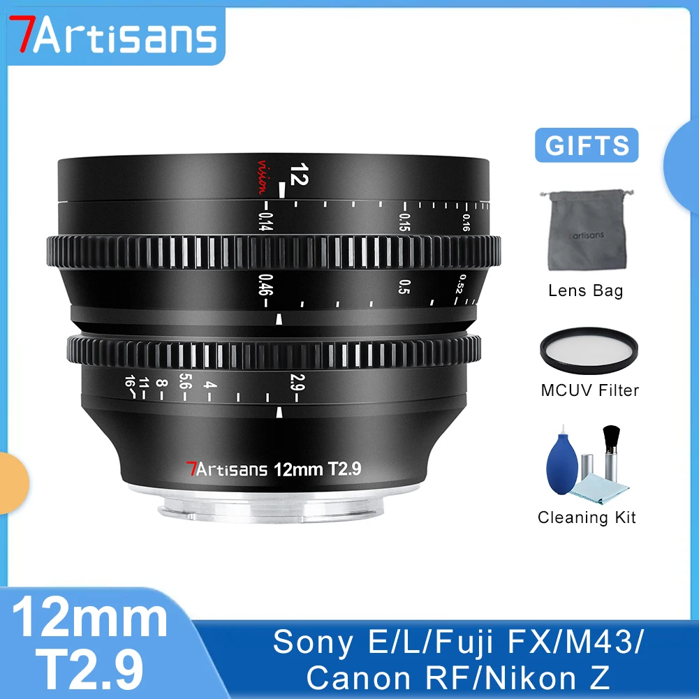 

7artisans 12mm T2.9 APS-C 270° MF Wide Angle Mirrorless Camera Cine Lens For L Mount Canon RF Sony E Fuji XF Nikon Z M4/3 Mount