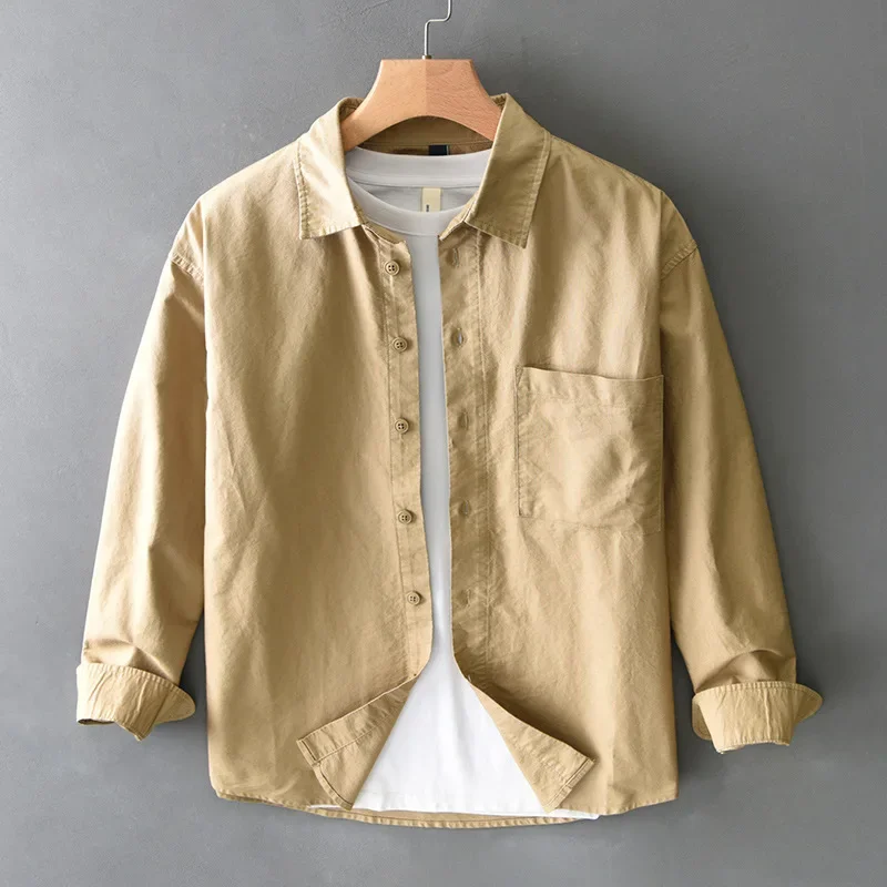 

Мужские рубашки с длинным рукавом в японском стиле, весна-осень, новые рубашки с лацканами, рубашка из чистого хлопка на пуговицах, мужские свободные топы, повседневные повседневные рубашки