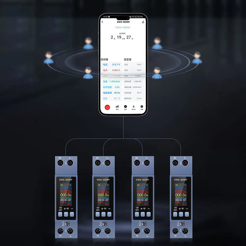 1PC KWS-303WF DIN Rail AC Power Meter TFT Color Display And WiFi Remote Control Multifunction Voltage Current Monitor Parts