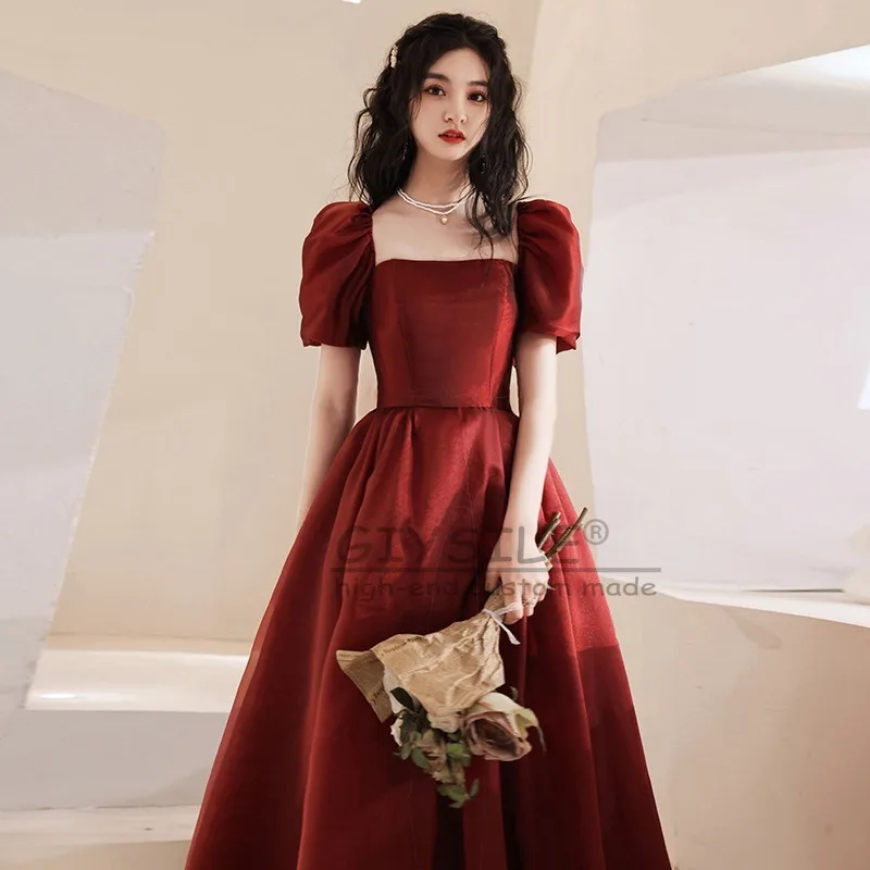 

GIYSILE Customized Satin Simple Square Collar Party Dress Burgundy 2025 New Evening Dress Short Sleeve Princess Fluffy Dresses